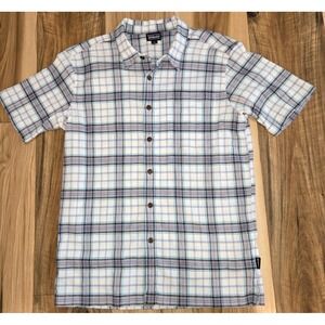 Patagonia Textured Plaid Button Down Shirt Mens Blue Purple Pink Sz M Org Cotton